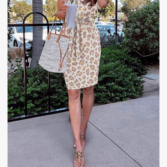 Women's Summer Striped Short Sleeve T Shirt Dress Casual Tie Waist with Pockets - Picture 3 of 5